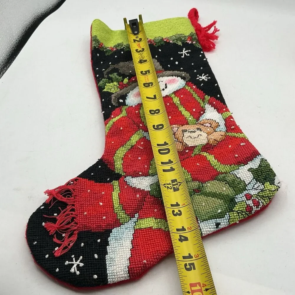 Handmade Needlepoint Christmas Stocking Snowman Teddy Bear 15” Red Felt Back